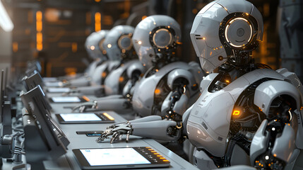 AI Robots Working at Office Desk. Impact of Artificial Intelligence on Employment