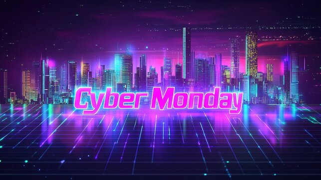 Neon cityscape with Cyber Monday text for sale promotion.