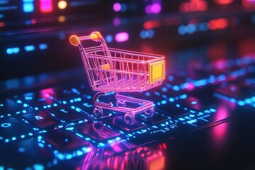Neon shopping cart icon on digital keyboard for online sales.