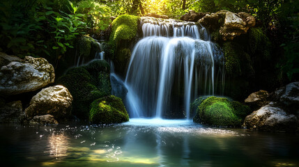 A serene waterfall cascades over mossy rocks into a tranquil pool, sunlight filtering through the lush greenery.