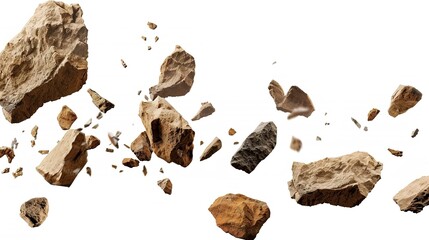 Isolated falling rocks on a white background create a dramatic and textured scene. A captivating display of natural elements against a pure backdrop.