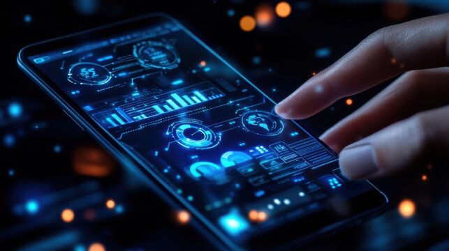 Image of a hand holding a tablet, mobile phone with graphics about a graph that represents business, finance, the increase or decrease of goods or services.