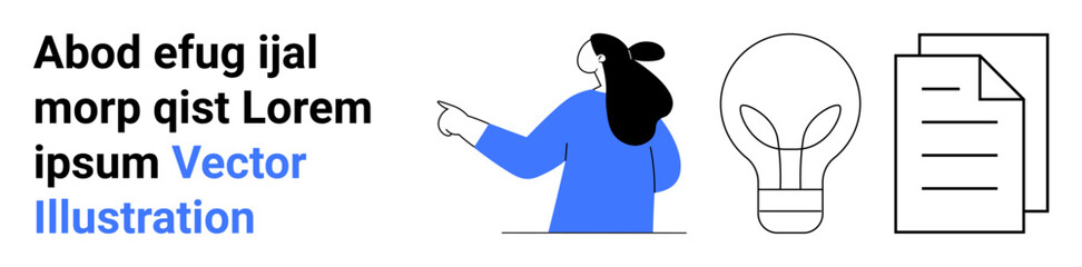 Woman pointing toward a light bulb and documents. Ideal for presentations, educational content, startups, business strategies, online courses, brainstorming sessions, creative projects. Banner