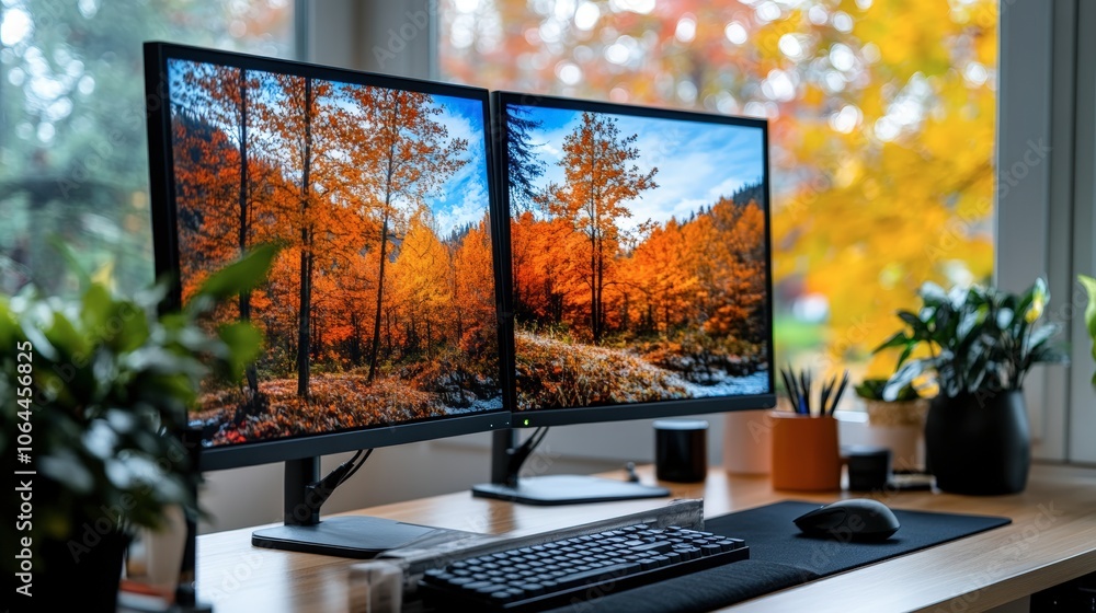 Poster modern desk setup with dual monitors and nature view