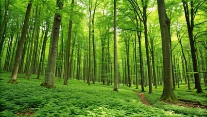 Fototapeta premium A lush green forest with towering trees and a carpet of vibrant foliage underfoot, wilderness, vegetation