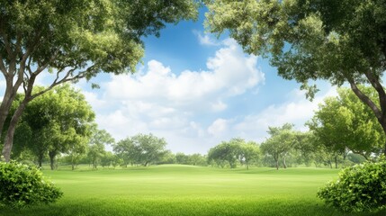 Serene landscape, picture sque green field with trees under vibrant blue sky lush