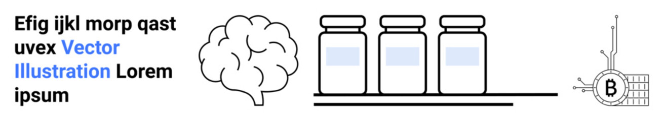 Medical vials, brain illustration, and pharmaceutical compound graphic. Ideal for medical research, pharmaceutical studies, neurology presentations, biotechnology, laboratory reports, science