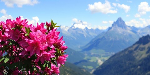 Alps landscape with blooming rhododendron, alps scenery, alpine blooms