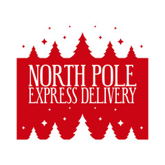 North pole express delivery. Christmas tag design. Holiday template for Xmas handmade gifts. Vector illustration