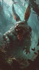 Frightening Rabbit Monster in Dark Forest - Fantasy Creature Art