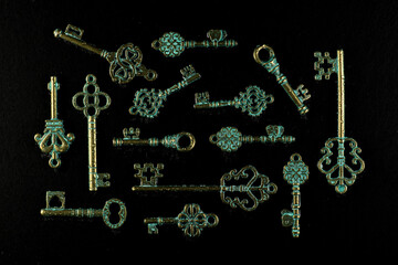 Key shapes making a abstract background using metal  keys to create abstract patterns
