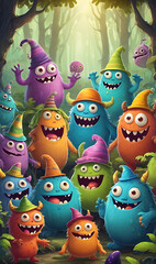 Illustration Background of Friendly Monsters with Funny Hats and Smiling Faces in a Playful Forest