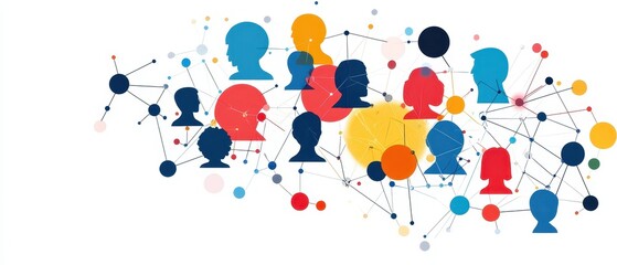 Abstract network of diverse heads in vibrant colors connecting through lines, representing communication and collaboration.
