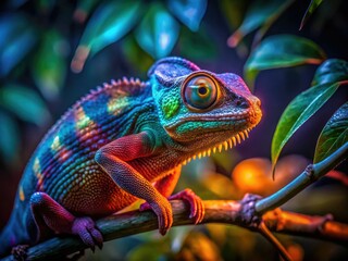 Obraz premium Chameleon on a Branch in Low Light â€“ Captivating Nature Photography