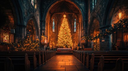 Fototapeta premium Festive Church Interior with Christmas Tree and Decorations