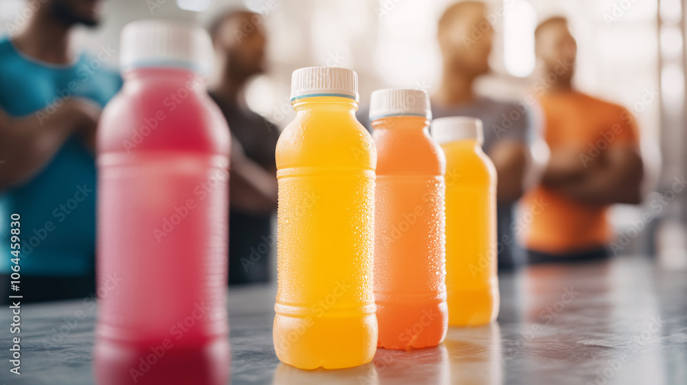 Wall mural a group of athletes huddled around a table holding brightly colored sports drinks, the bottles clear