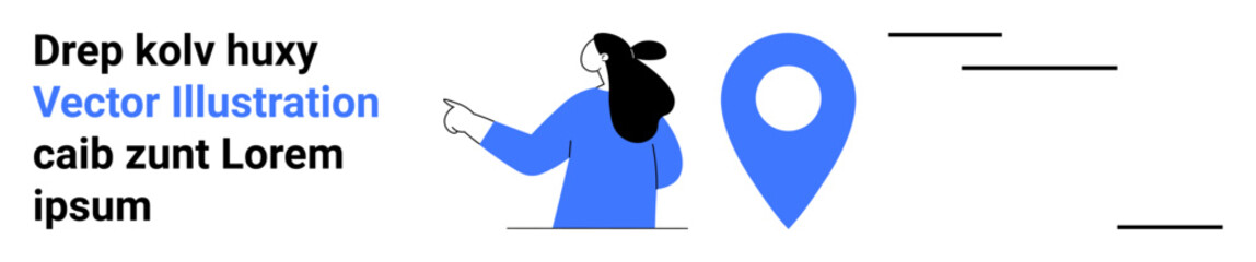 Woman in blue pointing at a large blue location pin with placeholder text. Ideal for websites, travel services, navigation apps, presentations, banners, brochures, and educational materials. Banner