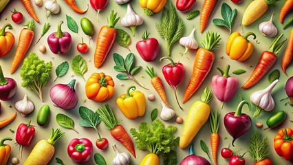 Charming pastel vegetable design using tilt-shift photography, perfect for promoting organic and healthy food. Ideal for fabric, wallpaper, and kitchen decor, radiating a modern aesthetic.
