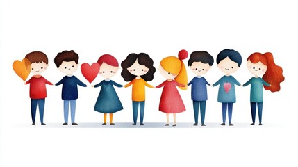 Fototapeta premium Colorful cartoon characters holding hearts, showcasing love and friendship in a fun, engaging manner, on a white isolated background.
