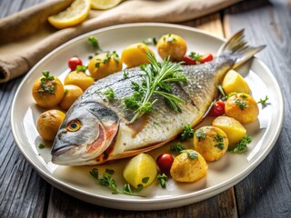 Delicious Sea Bream Fish with Potatoes on White Plate Close-Up for Culinary Photography