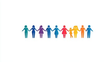 Colorful group of diverse people holding hands on a white background, symbolizing unity and community.