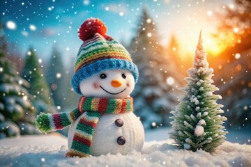 Delightful snowman wearing a warm hat and scarf grins cheerfully, enveloped in a dance of gentle snowflakes amidst a captivating, magical winter wonderland setting.