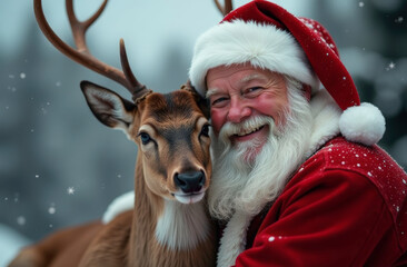 Portrait of Santa Claus with a deer in his arms, hugs with a deer, New Year