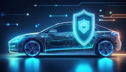 A futuristic car illuminated with a digital design and shield, symbolizing advanced technology and cybersecurity in automotive innovation.
