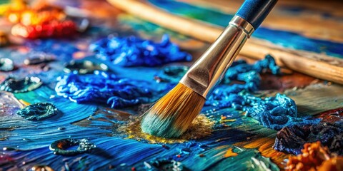 Fototapeta premium Close-Up Drone Photography of Vibrant Blue Paint Mixing on Palette in Abstract Art Workspace