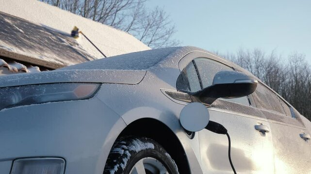 Renewable energy EV in winter. Power cable charges electric vehicle in background of unrecognizable man cleaning snow from solar panels. Electric car or PHEV at photovoltaic charging station