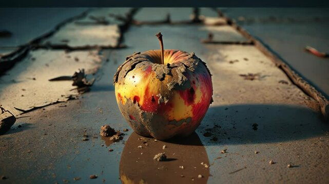 Apple Covered in Mud on Rustic Ground