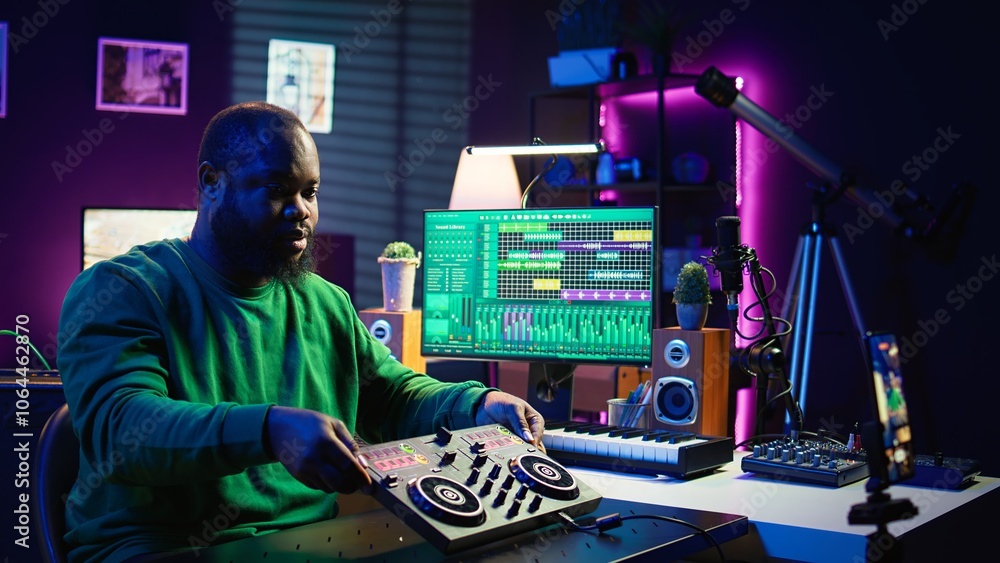 Poster Music producer explaining faders and knobs on mixing console before teaching advanced post production stuff. Musical instructor gives advice about acoustical engineering, online vlog. Camera B.