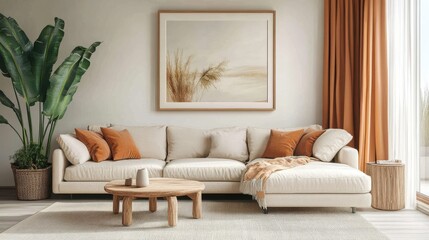 A bright, inviting living space featuring a light beige sofa with a chaise lounge