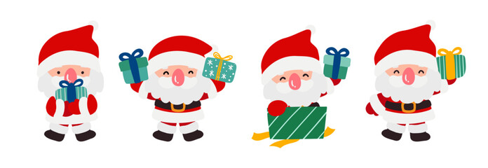 Santa Claus Set with Gift Boxes in Doodle Flat Style Vector Illustration