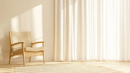 Cozy Serenity in Warm Minimalism: Tranquil Living Room with Soft Light & Wooden Furniture