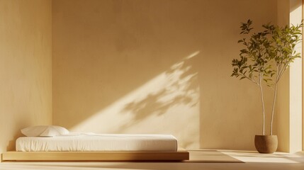 Serene Minimalism: Cozy Bedroom with Low-Profile Bed and Warm Wood Accents