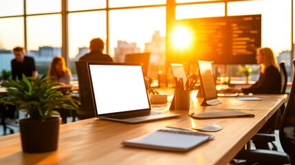 Fototapeta premium Sunset Productivity: A modern office setting bathed in warm golden light, showcasing a team of professionals hard at work with their laptops and a blank screen in the foreground.