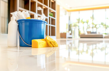 Clean and Sparkling: A blue cleaning bucket, sponge, gloves, and cleaning supplies sit ready on a pristine white countertop, symbolizing the promise of a sparkling clean home.  
