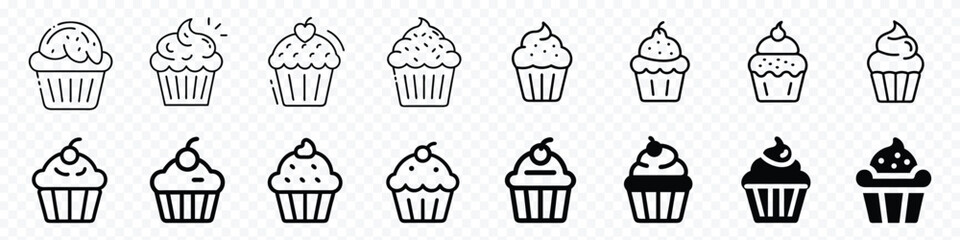 Pastry shop logo. Set of black cupcakes, Muffin food outline icon cake. Cook cream black cup design. Cupcake icon. Simple cupcake icon 