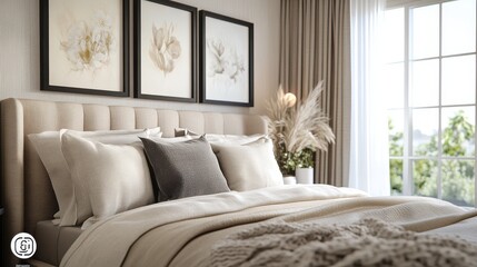A cozy bedroom with a neutral color scheme. A soft, upholstered headboard frames the bed
