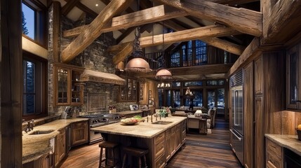 Obraz premium Rustic Modern Kitchen with Wooden Beams and Stone Accents