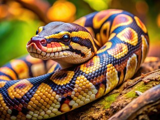 Fototapeta premium Close-Up Macro Photography of a Young Ball Python with Vibrant Patterns and Textures