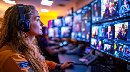Focused on the Task: A female engineer wearing headphones intently monitors a series of screens in a high-tech control room, showcasing the dedication and focus required for critical operations.