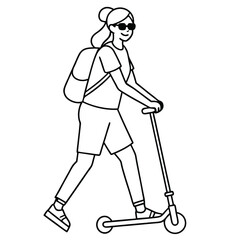 Modern Female Line Art with Scooter and Backpack.