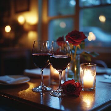 Escena rom&aacute;ntica con copas de vino tinto, velas y rosas sobre mesa en restaurante acogedor, ambiente perfecto para una velada especial