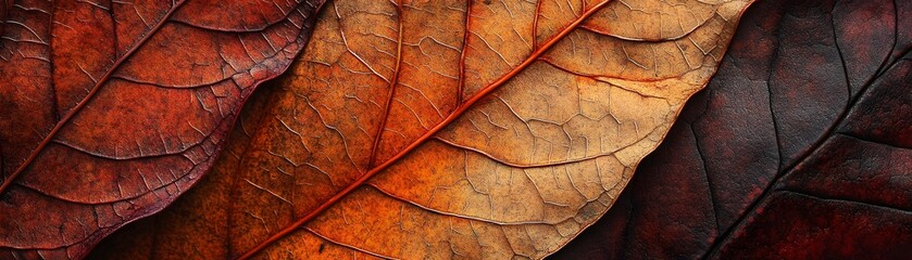 Fototapeta premium Closeup of Three Overlapping Dried Leaves with Detailed Veins