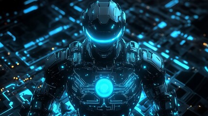 Futuristic robotic soldier stands on a glowing blue circuit board.