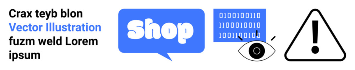 Simplified online shopping with chat bubble, binary code, surveillance, and warning. Ideal for e-commerce, cybersecurity, online shopping, digital communication, online safety. Banner landing