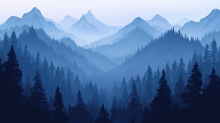 Serene Blue Mountain Landscape with Pine Forests