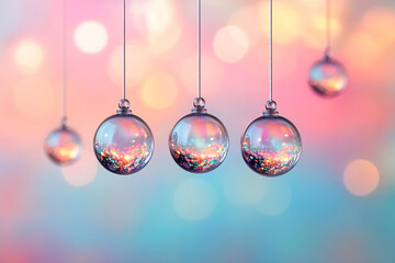 Hanging glass ornaments with soft colorful background, ideal for festive designs.